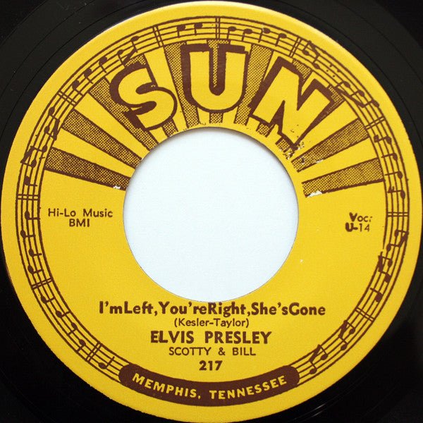 Presley, Elvis, Scotty & Bill - Baby Ley's Play House, I'm Left, You're Right, She's Gone (7", 1973, Reissue, Blue Vinyl) (Pre - Loved) - VG - Presley, Elvis, Scotty & Bill - Baby Ley's Play House, I'm Left, You're Right, She's Gone (7", 1973, Reissue, Blue Vinyl) (Pre-Loved) - Vinyl 7" Singles - Yellow Racket Records