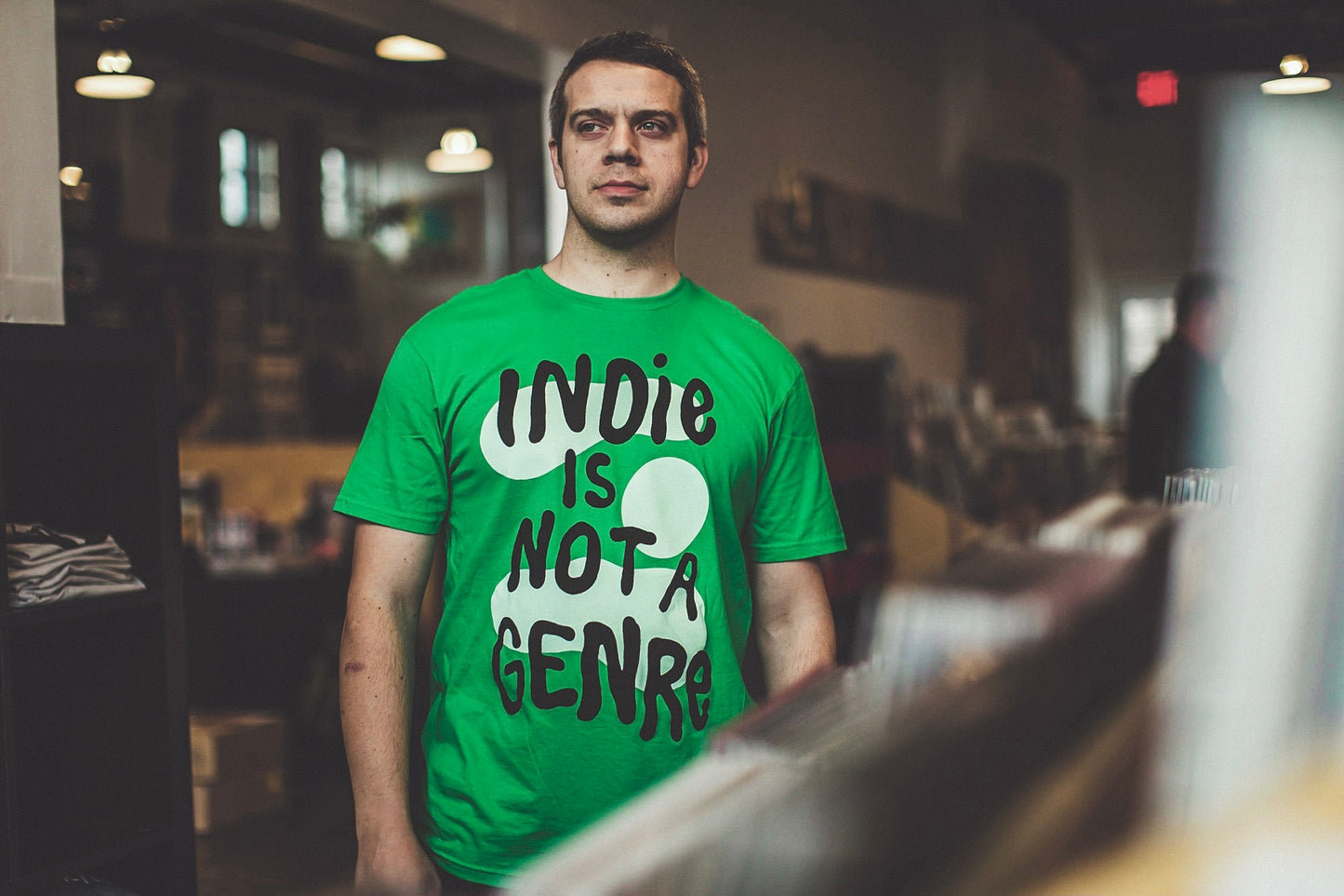"Indie Is Not A Genre" / "Support Independent Record Stores" Surf / Green T-Shirt