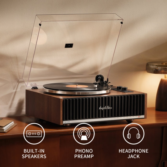 Angels Horn - HP-AHX200, All-In-One Bluetooth Turntable with Built-In Speakers (Brown) [FLAWED]