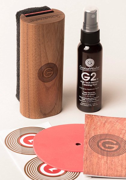GrooveWasher - Record Cleaning Kit [Walnut] (Solid milled American Walnut handle with replaceable microfiber pad, 4oz. G2 High Tech Cleaning Fluid mist spray, Red label protector, US made)