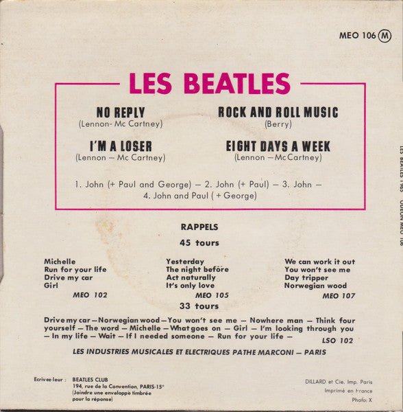 Beatles, Les - Les Beatles 1965 (French Pressing) (SACEM symbol on right side of label, EP, Repress) (Pre - Loved) - VG+ - Beatles, Les - Les Beatles 1965 (French Pressing) (EP, Repress) - Vinyl 7" Singles - Yellow Racket Records