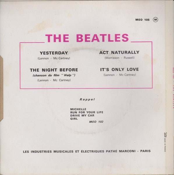 Beatles, The - Yesterday/The Night Before/Act Naturally/It's Only Love (French Pressing) (EP, Reissue) (Pre-Loved) - VG+ - Beatles, The - Yesterday/The Night Before/Act Naturally/It's Only Love (French Pressing) (EP, Reissue) - Vinyl 7" Singles - Yellow Racket Records