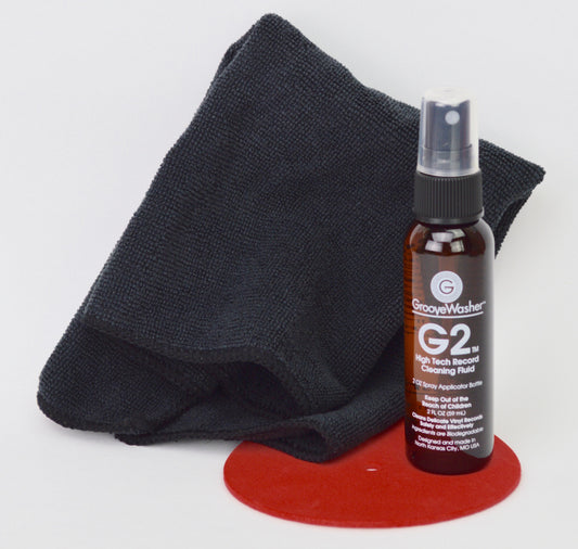 GrooveWasher - Commando Record Cleaning Kit (4oz G2 Fluid Mist Spray Bottle, 12''x12'' Black microfiber towel, Record Label Mask, instructions)